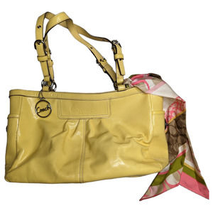 Coach Buttercup Yellow Patent Leather Pleated Gallery Tote Bag with Logo Scarf